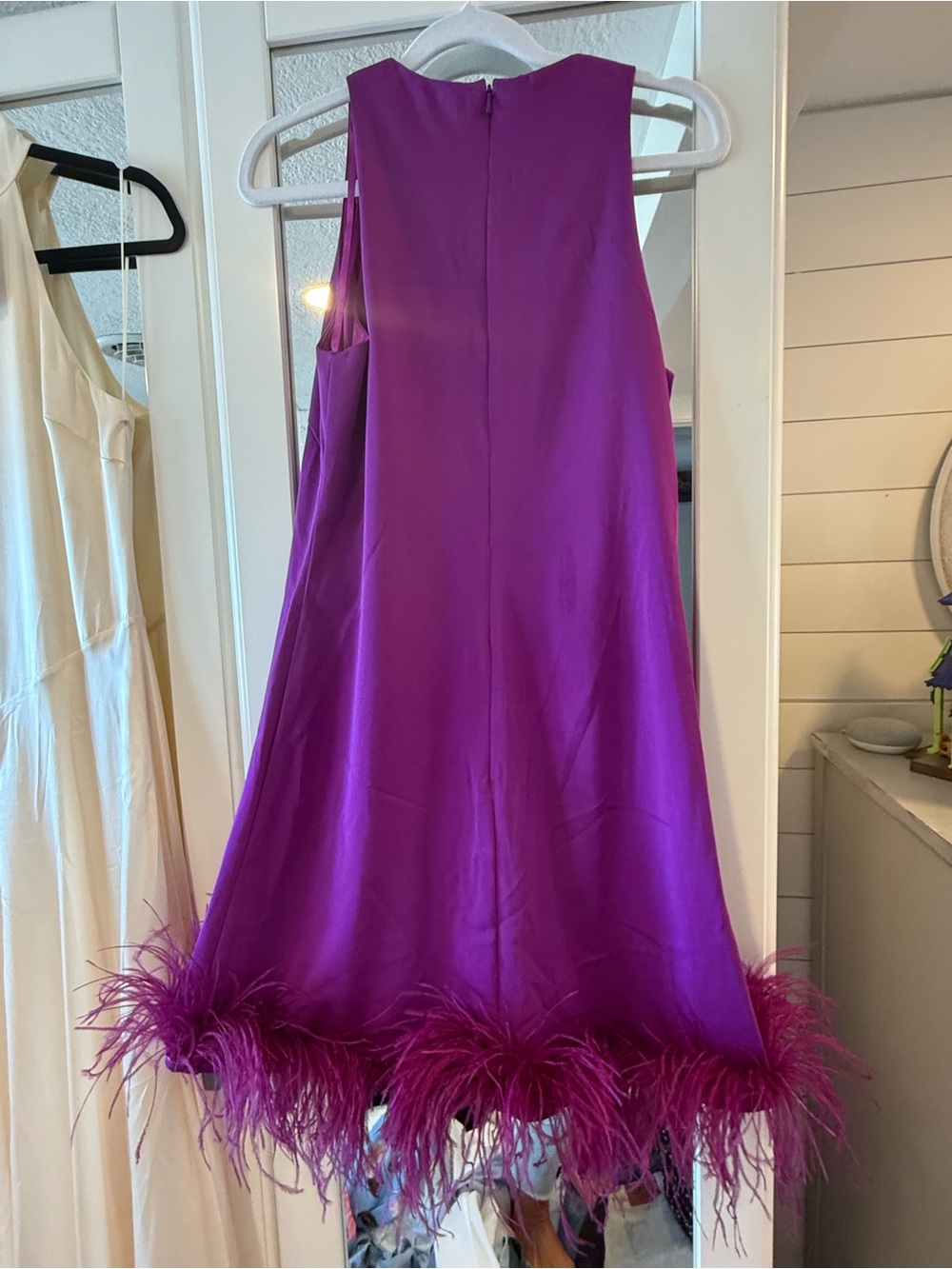 Mac Duggal Purple Feather-Hem Sleeveless Shift Dress